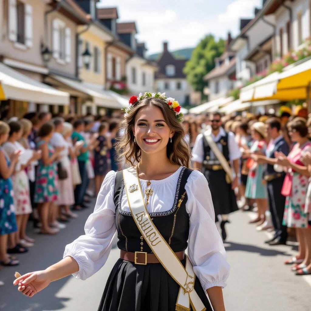 Village celebration features traditional attire and lively streets. Participants cheer as a festive atmosphere fills the air. Beautiful flowers adorn the scene. Captivating moment captured in a picturesque setting.