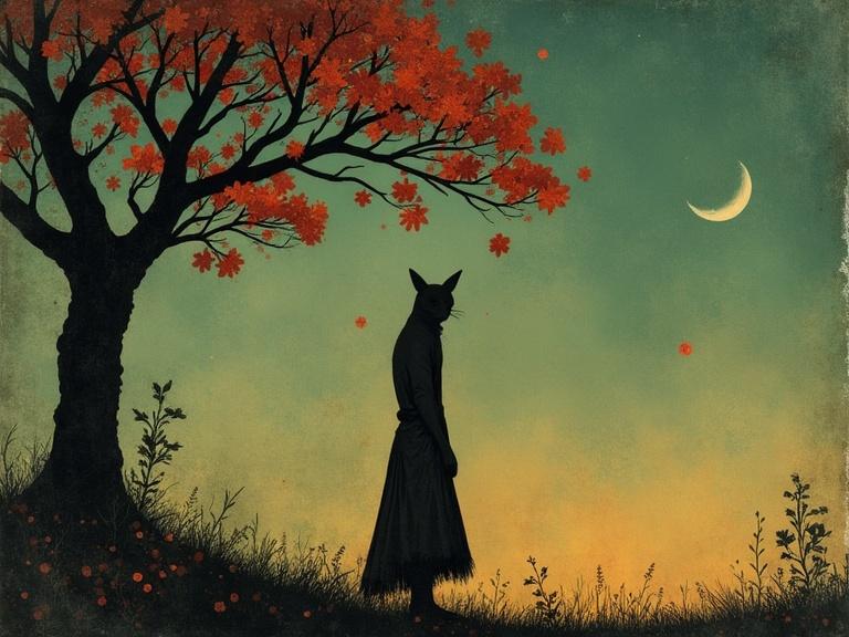 Illustration of a bird-like creature standing in a field with a full moon behind. Creature has vibrant feather-like foliage. The field is filled with red flowers and the sky is teal. The moon is glowing orange.