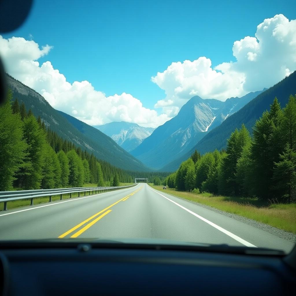 Scenic highway winding through mountains. View from inside vehicle shows straight road. Lush green trees line road. Bright blue sky with fluffy white clouds. Scene evokes freedom and adventure. Ideal for road trips.