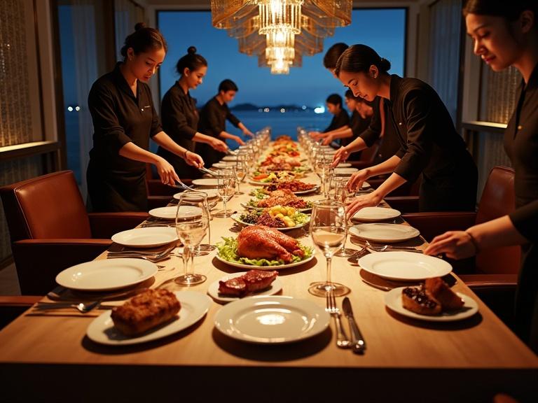 Group of Asian hotel staff clearing a long dining table at a luxury island hotel restaurant. Uneaten food on the table includes lobster, steak, fish, turkey, wine, and fruits. Nighttime setting.