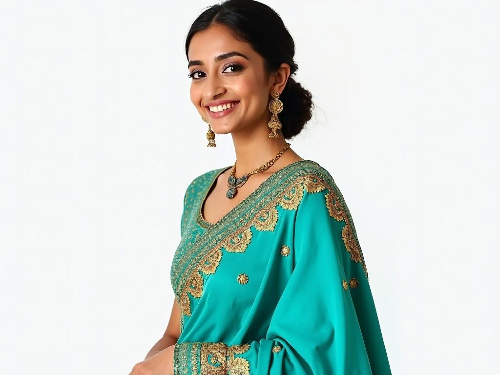 The image showcases a woman adorned in a teal traditional garment, beautifully embellished with gold embroidery. She is wearing gold jewelry including earrings and a necklace that complement her attire. Her hair is styled neatly in a bun, allowing her graceful smile to be the focal point of the image.