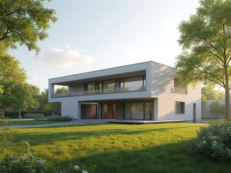 Modern artistic school building design in a large garden. No people visible. Morning light creates an inviting atmosphere. Soft shadows enhance the photorealistic quality. Emphasis on landscaping with lush greenery. Right perspective view of the structure.