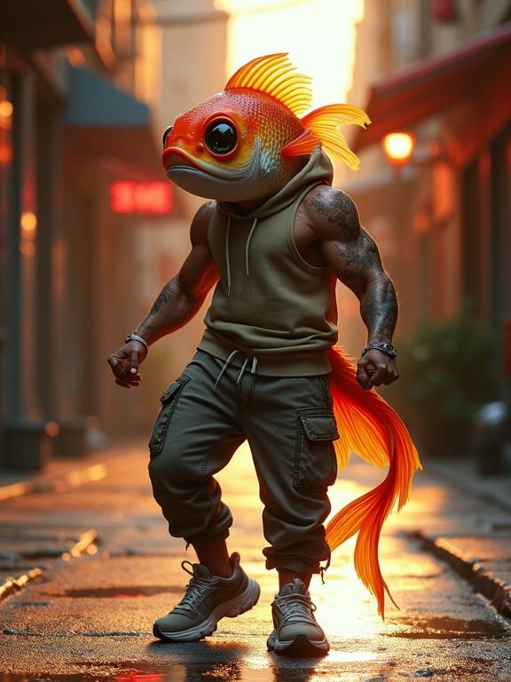 Humanoid fish character features goldfish head with big eyes fins scaly texture and long flowing tail. Athletic semi-human body has muscular arms and legs with fish scales. Wears sleeveless hoodie cargo joggers chunky sneakers mirrored sunglasses. Mid-dance in alleyway at sunset with reflections on wet pavement neon lights in background. Cool gritty stylish vibe.
