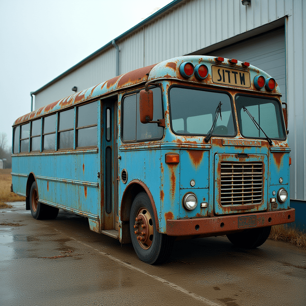 An old, rust-covered bus with a faded blue paint job stands parked against a warehouse under a cloudy sky.