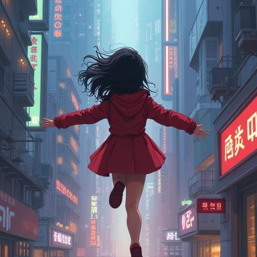 Flying girl in a cyber city. The girl wears a red hoodie. The city features a mix of neon lights and dark streets. The scene conveys a futuristic atmosphere.