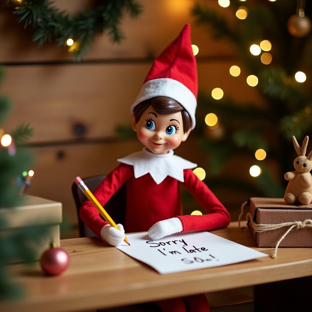 An elf on the shelf character dressed in red and white is sitting at a wooden desk. The elf is cheerfully writing a note that says 'Sorry I'm Late!' The background is decorated with Christmas trees and warm lights, creating a festive holiday atmosphere. The scene captures the spirit of Christmas and the fun of holiday traditions. The elf's expression is joyful and playful, making it a lovely scene for holiday-themed content.