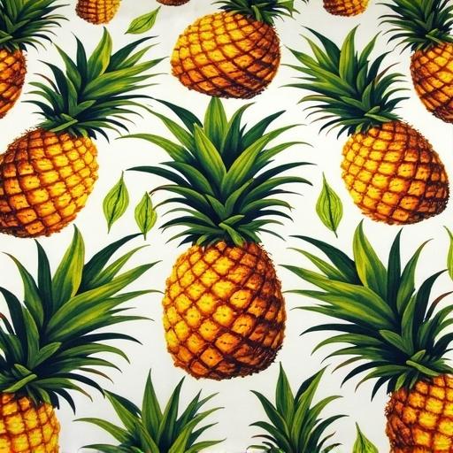 Bright pineapple illustrations on fabric. Pineapples surrounded by green leaves. Vibrant colors create lively tropical theme. Detailed texture on pineapples. Pattern showcases multiple pineapples and accompanying leaves.
