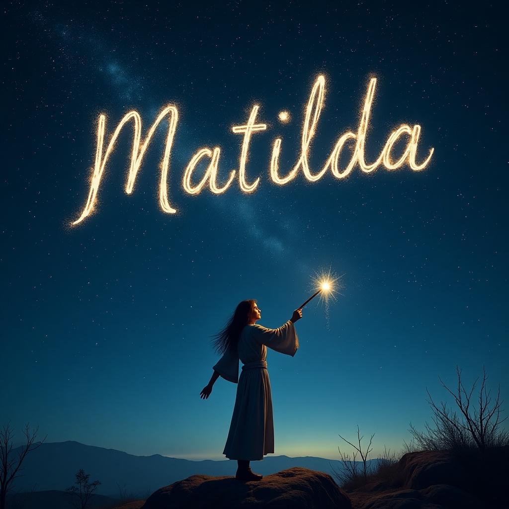 Elf writes names in a starry sky with a magical wand. Names include Matilda, Nada, Ada, and Anevaeh. Setting is enchanting and whimsical.