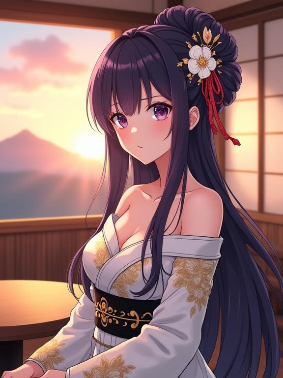 A matured lady styled in anime with long dark violet hair. Hair is arranged in an updo with a flower ornament. Calm and elegant expression. Wearing a white kimono with golden floral patterns and a black obi. Sitting in a cozy traditional cafe. Soft evening light through shoji screens. Hazy sunset sky outside.