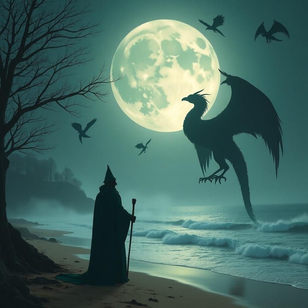 Dreamlike landscape with large bird-shaped entities emerging from mist. Glowing central sun with barren trees. A wizard stands on a beach, gazing at the moonlit sky. He wears a long, dark green robe and holds a staff. Several dragons fly in the night sky. The ocean waves crash gently on the shore, illuminated by the moon. The scene is tranquil yet magical, evoking a sense of adventure and wonder.