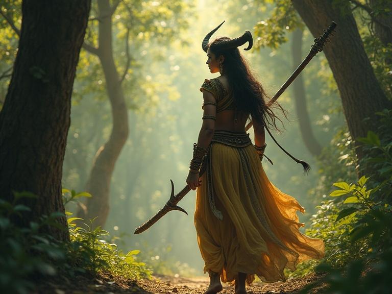 Beautiful Ashokasundari in a mystical forest. Standing with a weapon. Sunlight filters through the trees. She's backlit creating a silhouette effect. The atmosphere is enchanting and suspenseful. A sense of adventure is portrayed.