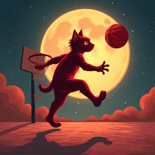 A red cat plays basketball on the moon. The scene features a bright glowing moon in the background and basketball hoops visible. The cat is dribbling the basketball with its paw.