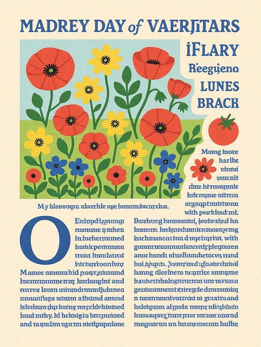Illustration of flowers for May Day celebration. Red poppies with yellow and blue flowers. Bright colors in a decorative style. Text elements included.