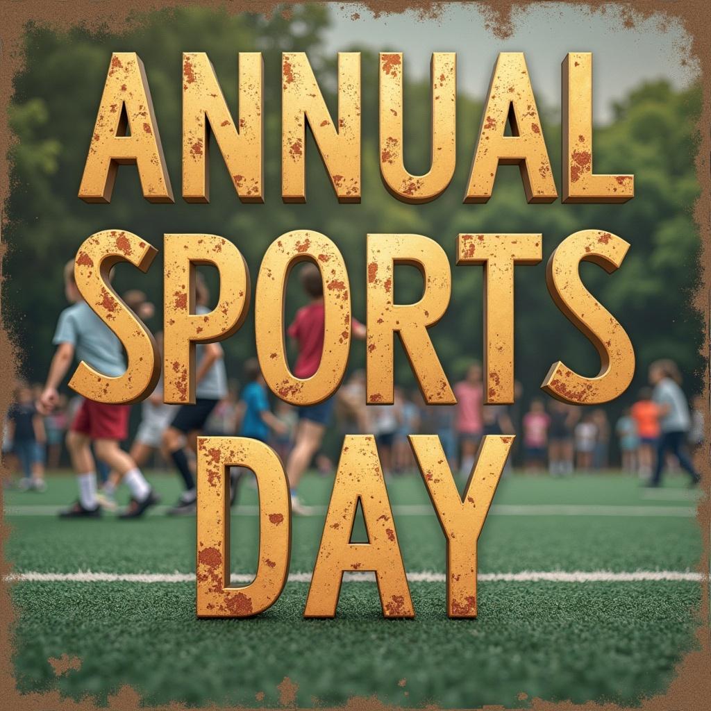 This image showcases a vintage-style invitation card featuring the text 'Annual Sports Day' prominently displayed in gold letters. The background captures children engaged in various sports activities on a playground. The warm and natural lighting enhances the vintage aesthetic of the theme. The card is designed to attract attention for a community or school sports event. It blends stylish typography with a lively and engaging atmosphere, perfect for inviting attendees to a fun-filled day of activities.