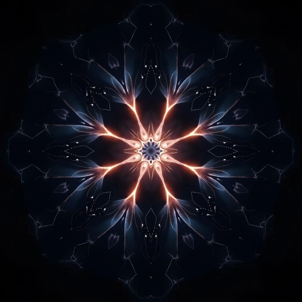 Kaleidoscopic design with abstract shapes and patterns. Features a dark background with glowing elements. Symmetrical layout evokes a sense of outer space and minimalism.