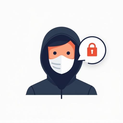 Logo design features a masked individual symbolizing digital persona. An encrypted chat bubble appears next to the character, representing the emotional benefit of privacy. The design uses clean lines and minimal colors with a simple background.