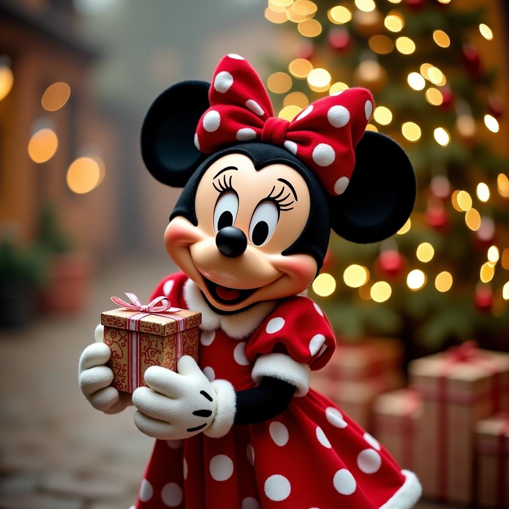 Minnie Mouse in a festive red dress covered in white polka dots. Happy character holding a small present. Christmas tree with lights in the background with gifts around it.