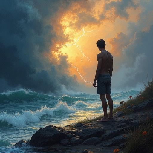 An oil painting showcasing a person from behind on a rocky shoreline at twilight. The left side depicts a storm with crashing waves and lightning while the right side features warm golden sunlight. Night-blooming flowers glow softly on the person. The scene conveys a tension between chaos and calm.