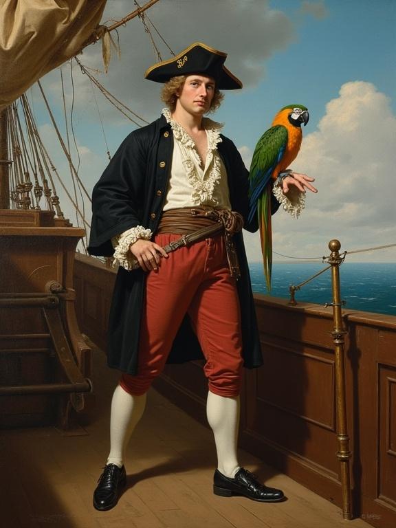 One-legged character wearing cook's clothes. Parrot on his shoulder. Standing on a ship deck. Painting in 18th century English style.