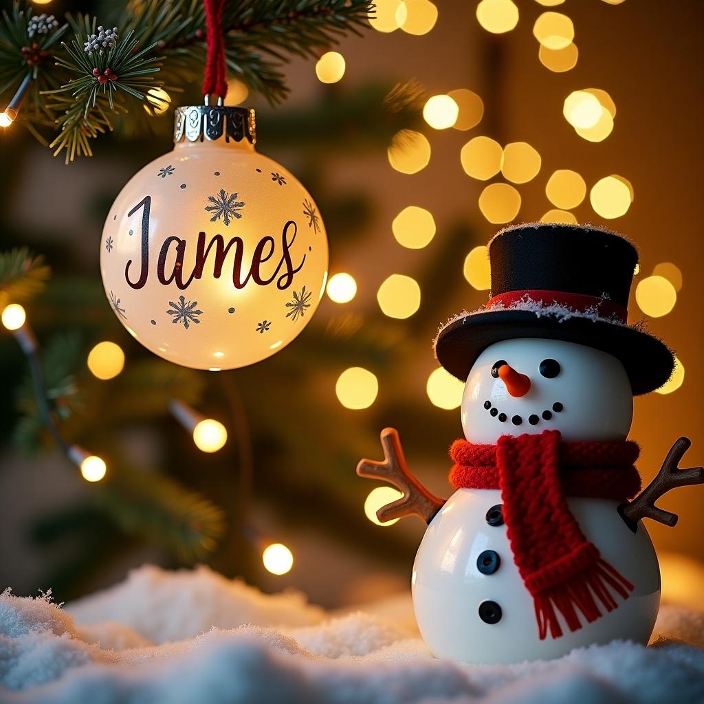 Christmas-themed image featuring a snowman and a Christmas ornament with the name James. Soft lighting and festive atmosphere are present.