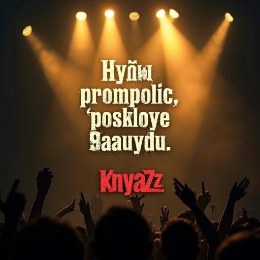 A concert-themed print styled like KnyaZz. Dark stage with haze and sharp spotlight beams. Warm yellow-orange lights with blurred edges. Prominent lyrics in rough hand-drawn font. Text looks burned out by light. Bottom features bold red 'KnyaZz' logo. Faint silhouettes of microphones and guitars along edges. Evokes rebellious and nostalgic mood.