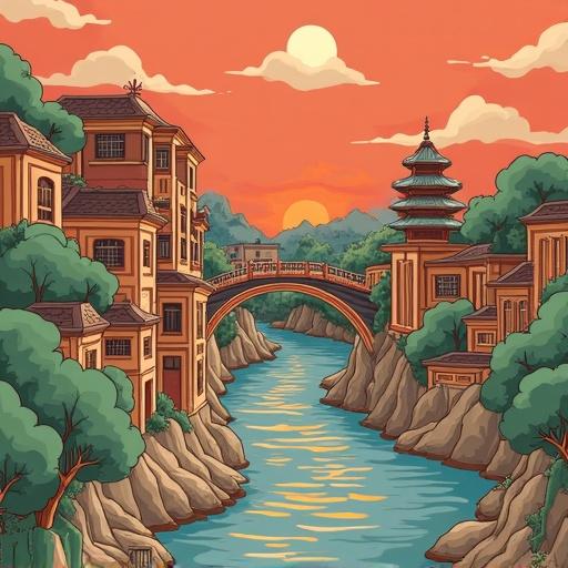 An illustrated scene of a serene landscape featuring a river, buildings, a bridge, and a pagoda under a sunset sky.