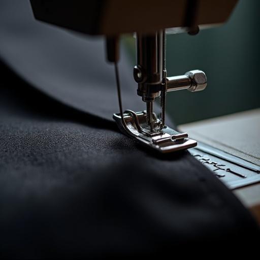 Close-up view of sewing machine stitching black fabric. Focus on needle mid-motion with thread tension visible. Cinematic lighting highlights fabric texture. Text on fabric partially visible.