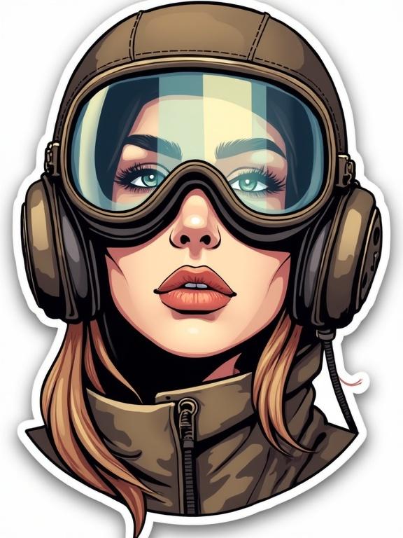 Sticker vector design featuring a beautiful woman aviator with a transparent helmet. She has creamed lips and goggles. The background is in earthy tones with a grey outline. The design is highly detailed.
