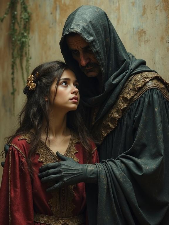 Character portrays a demonic plague god standing over his daughter in a dark, medieval setting. The daughter looks up with a mix of fear and curiosity. The god has a fearsome presence in dark robes, creating an eerie atmosphere. Their faces are partially shrouded in shadow.