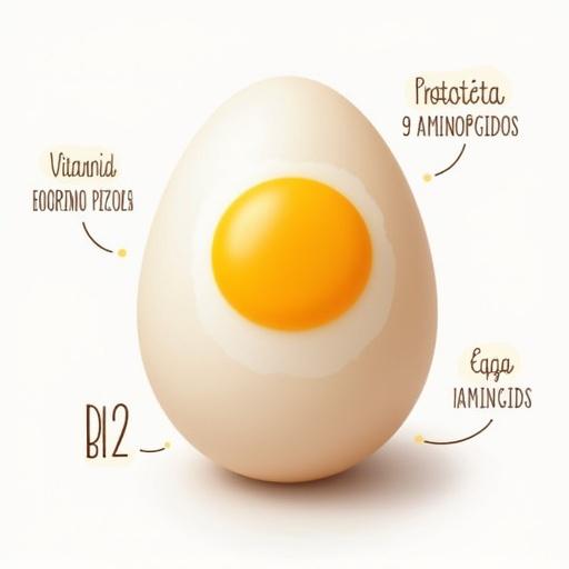 Infographic style image depicting a whole egg. Has callouts for protein, vitamin D, and B12. Minimalist labels. Clean font. 16:9 format.