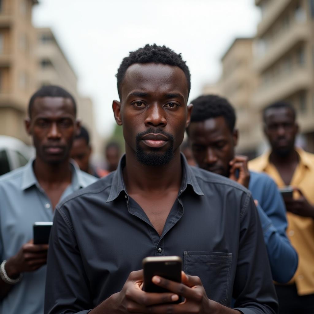 A group of Black African men are seen on the streets of Lagos. The focus is on one man standing prominently in the foreground, looking straight at the camera. The other men behind him are engaged with their mobile phones, absorbed in their screens. The scene captures a blend of urban life and technology. The streets are bustling, reflecting a modern city atmosphere. This image embodies themes of connection and social engagement in a contemporary African context.