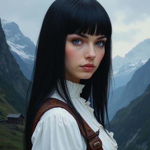 Portrait of a female character with straight black hair in a chic haircut wearing a white blouse. The subject has arched eyebrows and blue eyes showcasing a cold expression. Background features dark mountains. The character also wears a leather bandolier. The art style is like an oil painting. The shot is a mid-body view.