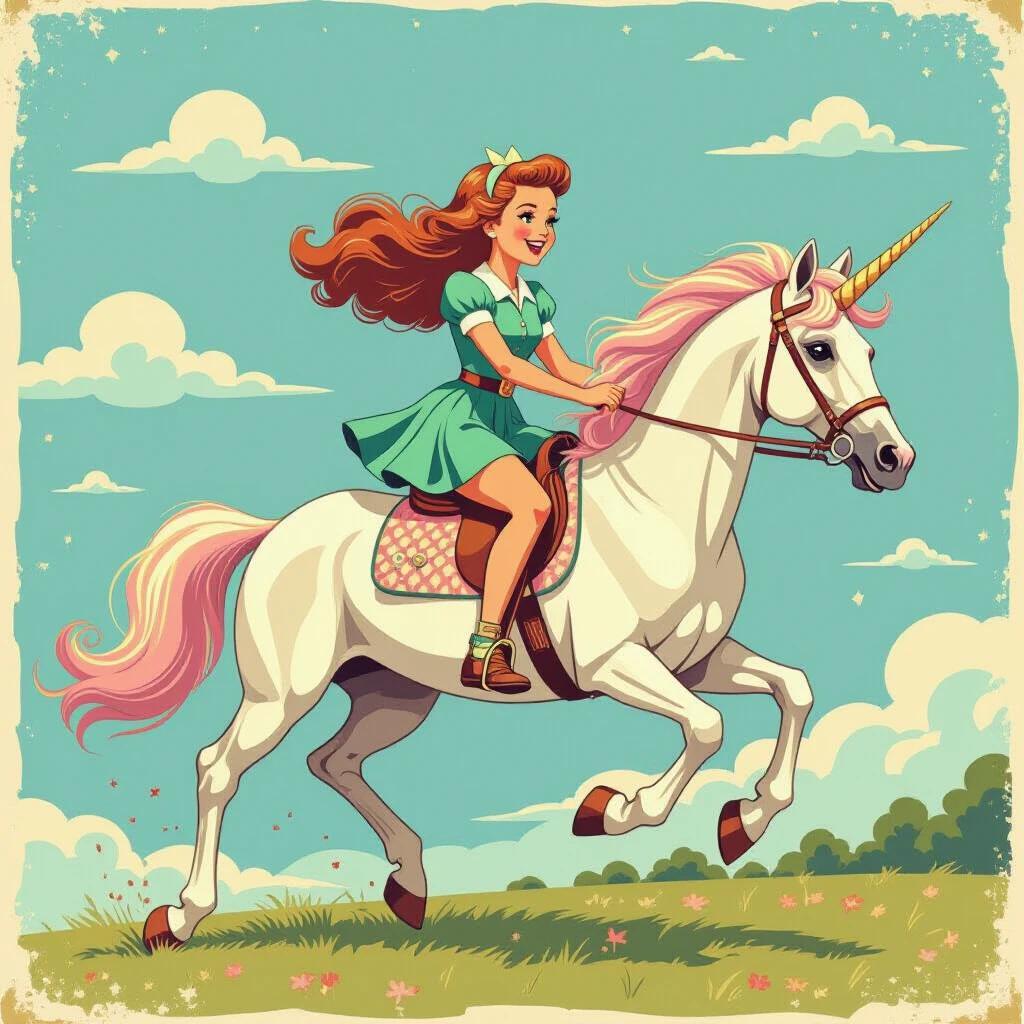 A girl with long hair rides a unicorn. The girl wears a green dress. The unicorn has a pink mane. The setting includes a blue sky with clouds. The image captures a vintage 1950s aesthetic.