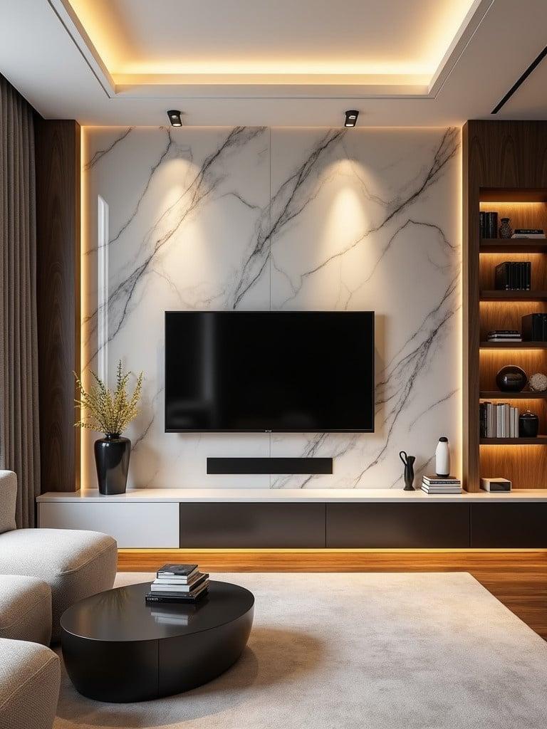 Modern living room design features a large black television on a marble wall. Comfortable seating area with elegant touches. Warm light illuminates the room.