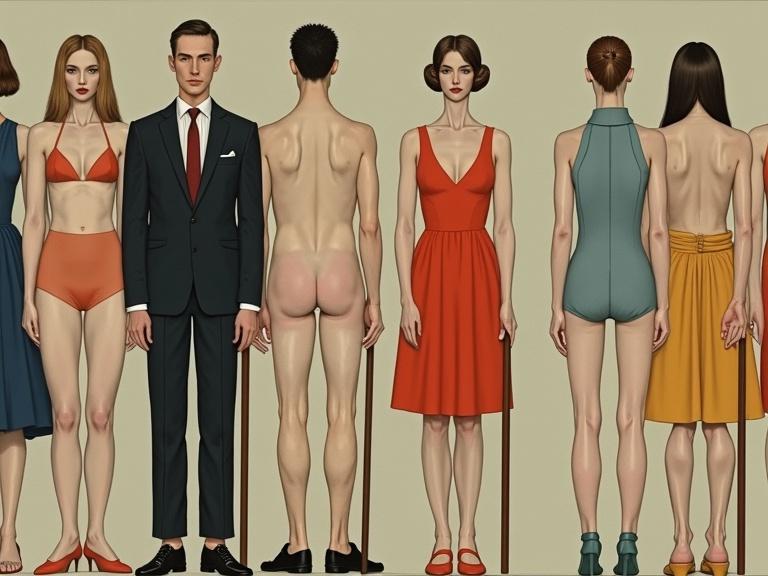 Stylized elegant male and female figures in various outfits, featuring both clothed and nude models. Inspired by S L Lowry's unique artistic style with defined outlines and muted colors.