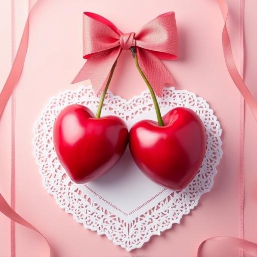 Heart-shaped cherries on a light pink background. Red and white ribbon around the border. Big bow on top. Cherry blossoms. White lace doily.