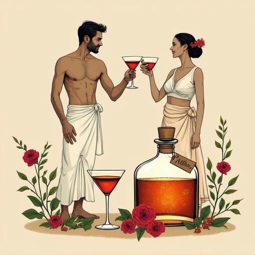 Artwork features couple toasting with cocktails. Man is topless, woman wearing boho blouse and wrap-skirt. Nearby, an apothecary bottle glows golden-reddish. Two cocktail glasses flank the bottle. Surrounding flora includes roses and herbs against a beige background.