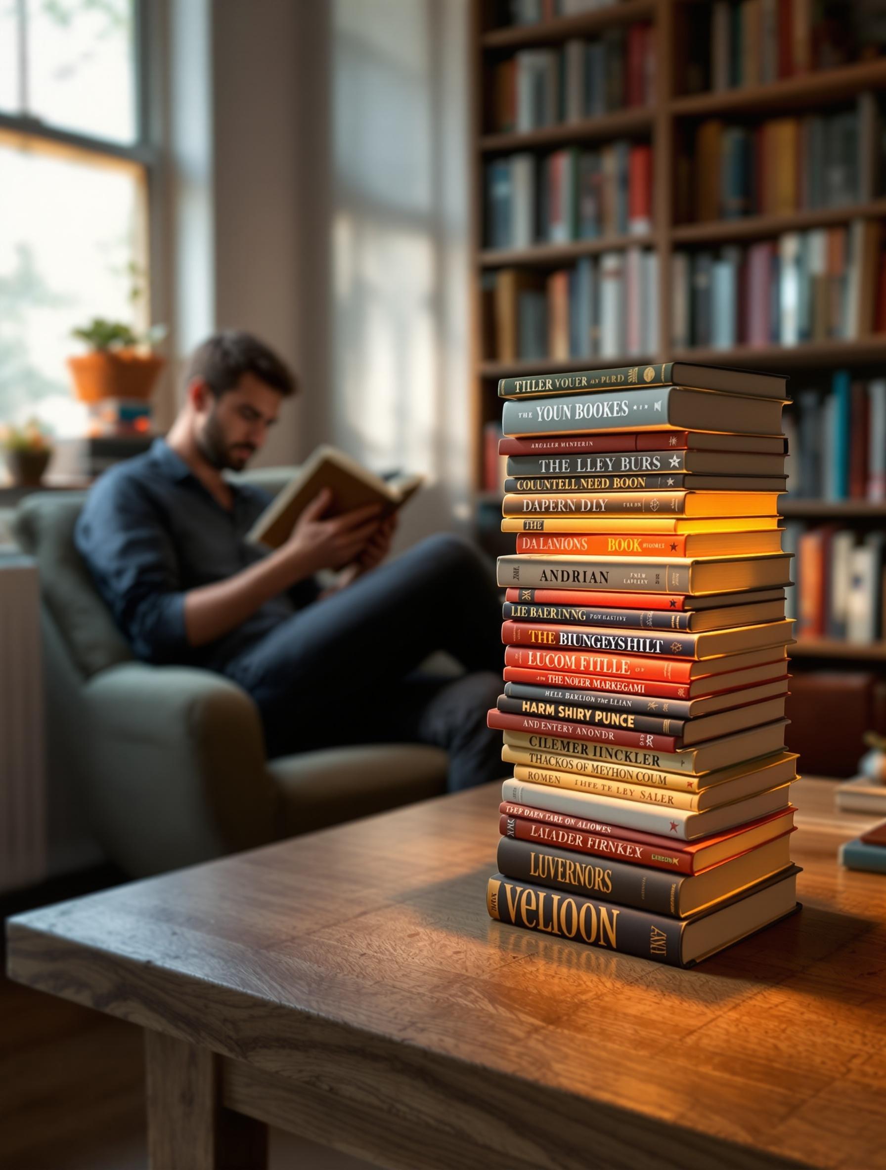 Cozy reading nook. Man is seated in the background reading a book. Stylish lamp made from stacked books illuminates a wooden table. Soft light filters through the windows. Shelves filled with colorful books create an inviting atmosphere.