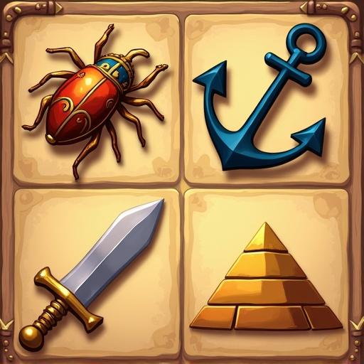 Game icons in six sections. Top right anchor. Top middle scarab bug. Top left sword. Bottom right ankh. Bottom middle Horus. Bottom left pyramid.