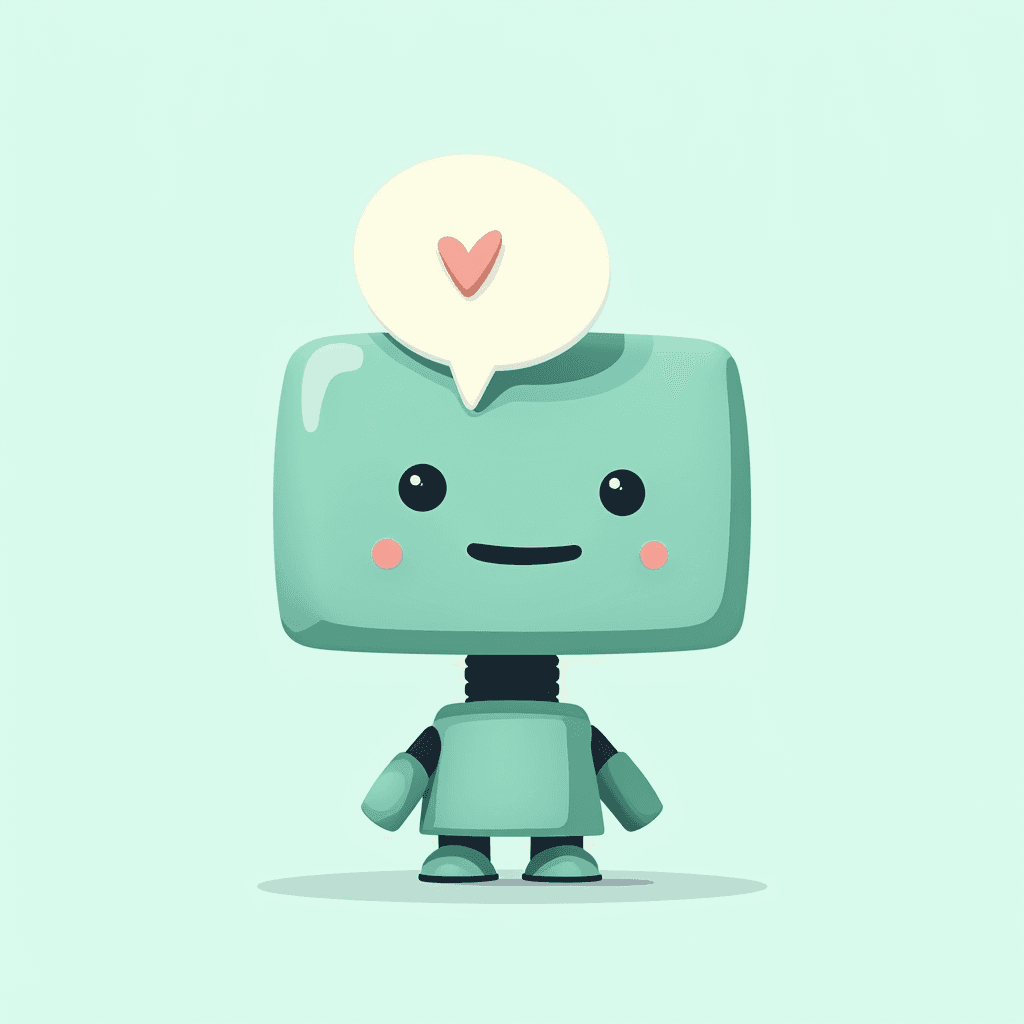 A cute cartoon robot with a speech bubble containing a heart symbol.