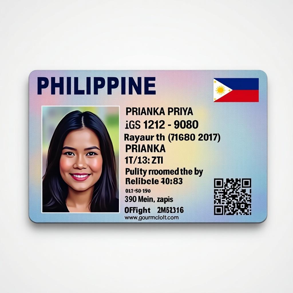 Design of a Philippine national ID card. Features a photo, name Prianka Priya, and identification details.