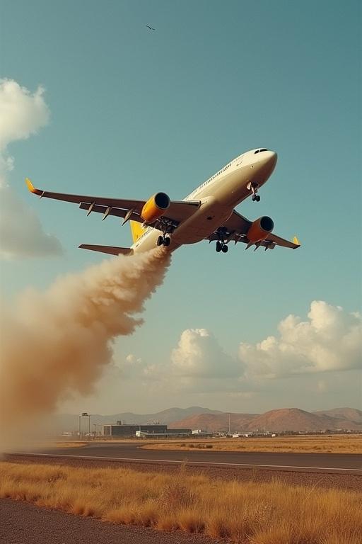Airplane takes off and breaks the sound barrier. Dust and smoke trail behind. Clear blue sky with some clouds. Low angle shot.