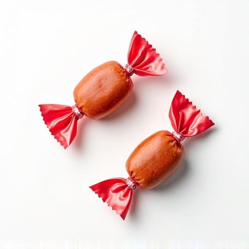 Top view of two candies in shiny red wrappers placed on a white background.