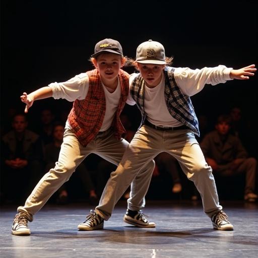 Two boys perform breakdancing on stage. They demonstrate a one-handed ground move. Their outfits reflect Y2K fashion with vests and caps. The setting is a dance competition.
