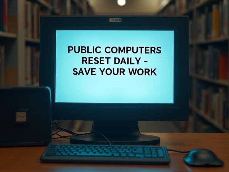 Minimalist photo of computer screen showcasing library policy reminder. Text states Public Computers Reset Daily Save Your Work. Focus on clear communication and professional setting.