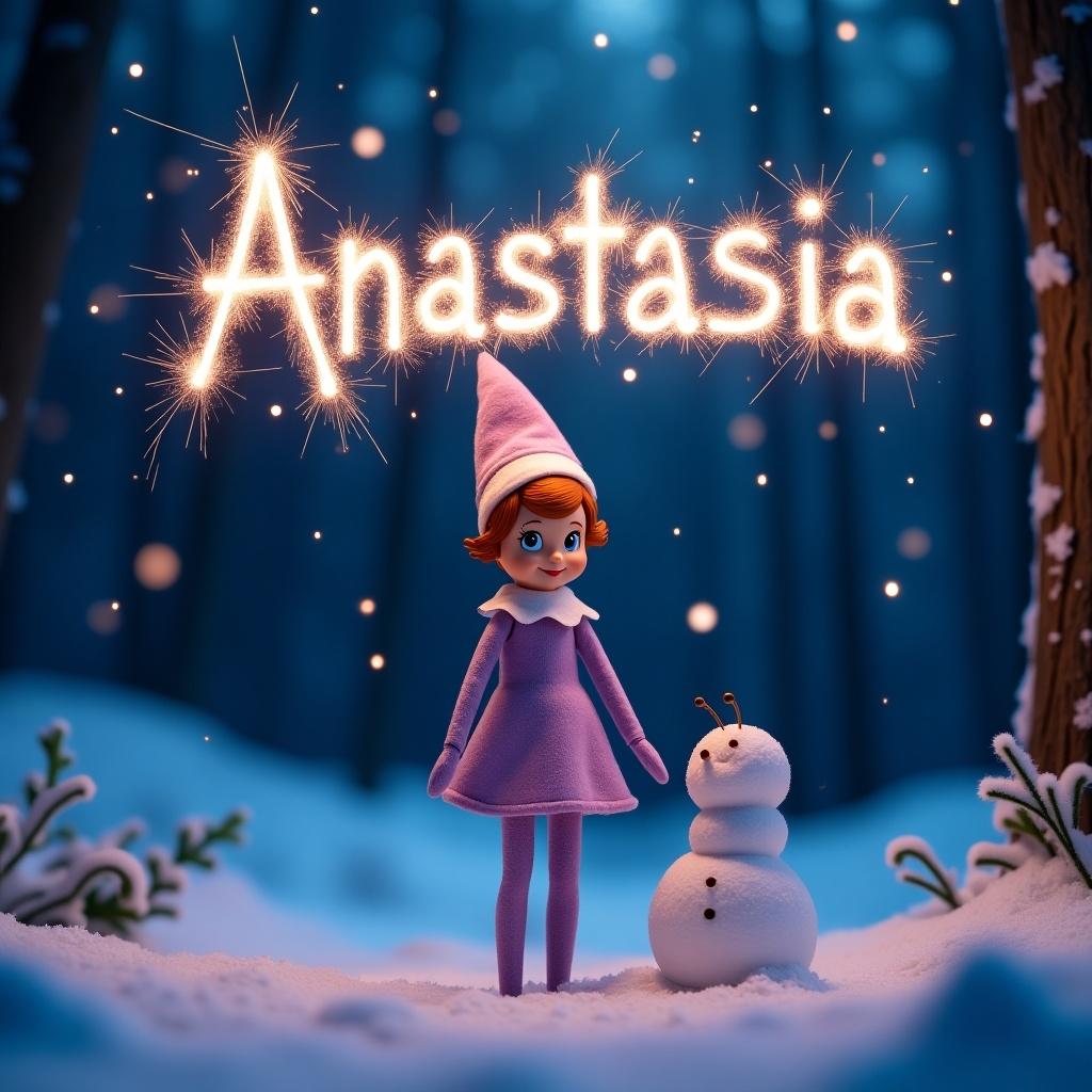 Create a whimsical and enchanting scene featuring a lilac Elf on the Shelf named Anastasia. She has short ginger hair and bright blue eyes, standing in a beautiful snowy woodland. A cute snowman is beside her, adding a festive touch. Above them, the name 'Anastasia' is illuminated in the night sky with sparkling effects, making it a magical and enchanting portrayal. The atmosphere is filled with holiday cheer and wonder, capturing the essence of winter nights. The scene invites a sense of joy and twinkling charm, perfect for celebrating Christmas.