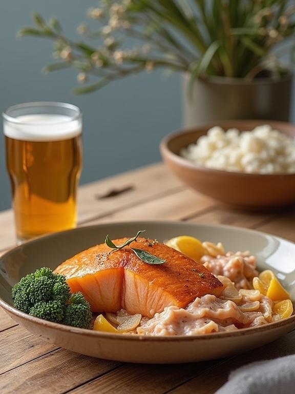 Lunch by the sea. In the foreground, a glass of light beer with a frothy top and condensation drops. On a light wooden table, salmon fillet with pasta and broccoli. Soft natural light highlights food textures.