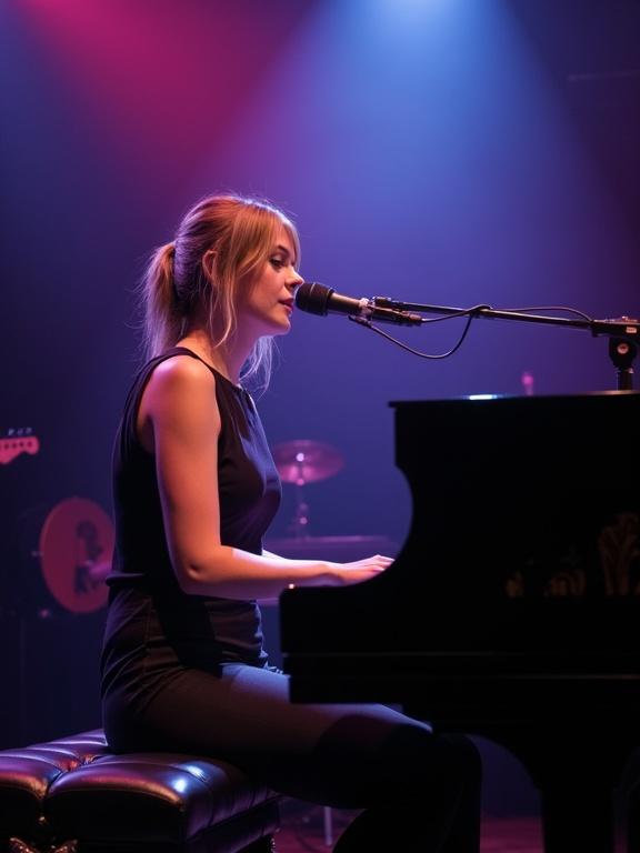 Woman playing the piano on stage at a concert with vibrant lighting.