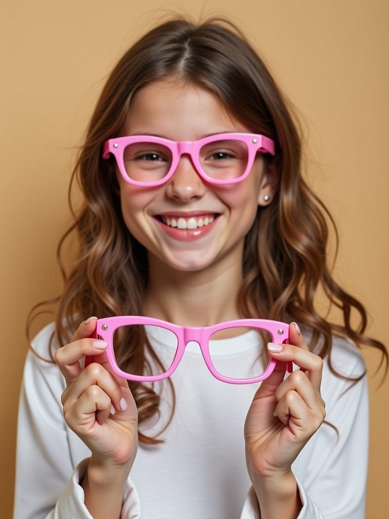 A smiling woman holds a pair of pink kids glasses. She has brown hair and wears a white long-sleeve shirt. The background is a soft peach color.