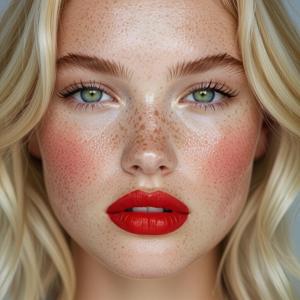 Extreme close-up showing blonde girl with freckles. She has red blushing cheeks and full red lips. A subtly fierce expression is evident.